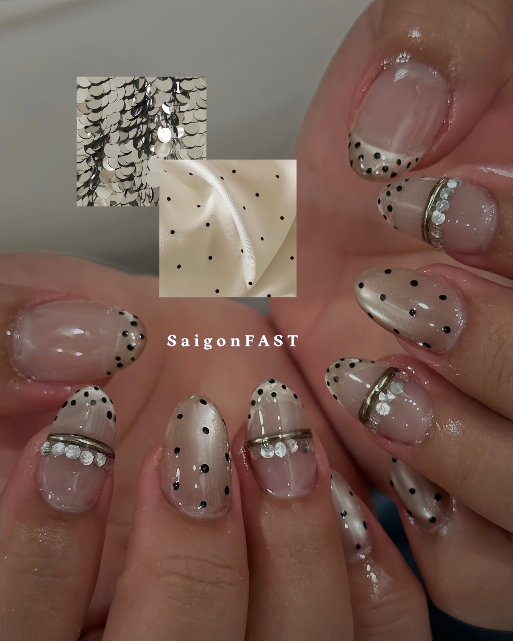 Nude and white nails with black polka dots, rhinestones and silver accents